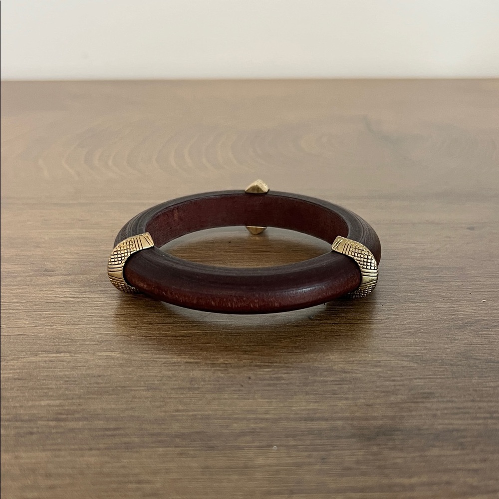 Wood & Gold Statement Bangle Bracelet – Dark Brown Boho Carved Detail